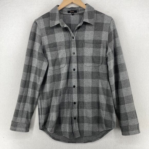 QUINCE Top M Sweater Fleece Shirt Buffalo Check Button Front Long Sleeve Gray - Picture 2 of 12